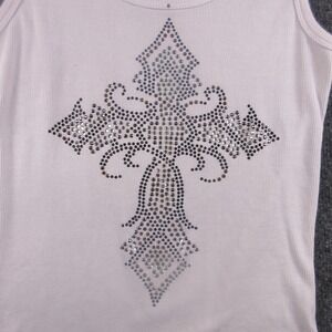 Get Lucky Tank Top Womens Large White Rhinestone Cross Scoop Neck Graphic